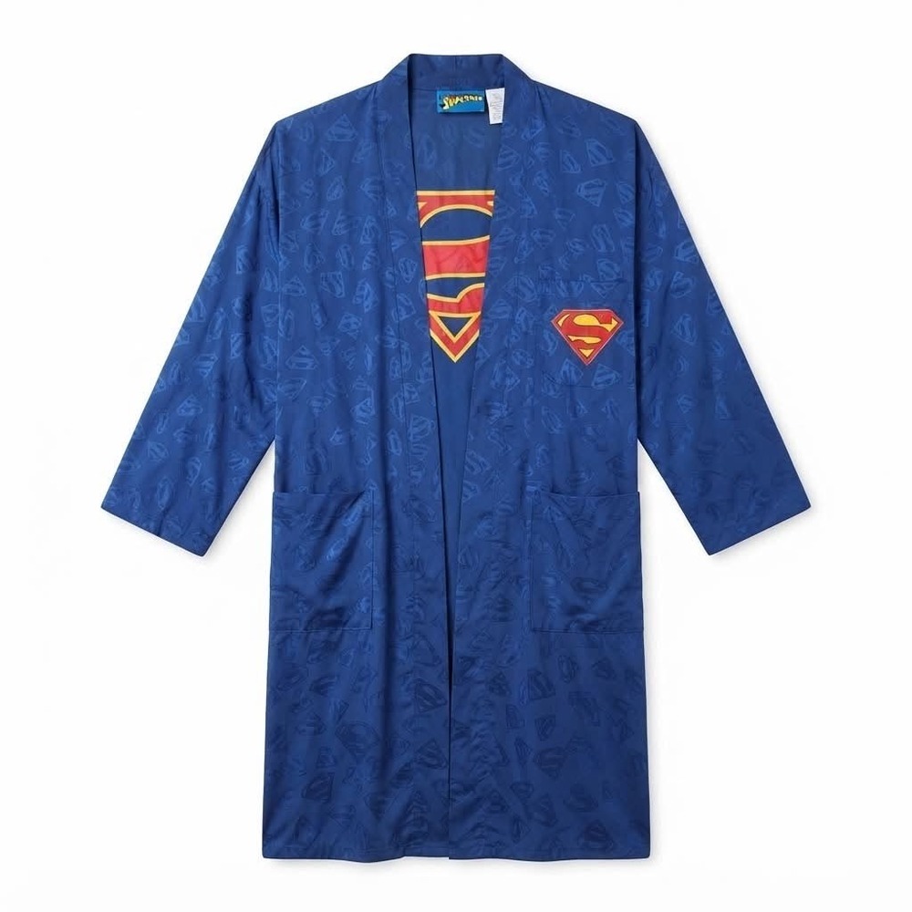 Vintage Superman 100% Silk Robe Navy Blue DC Comics Jacquard Logo Kimono OSFA